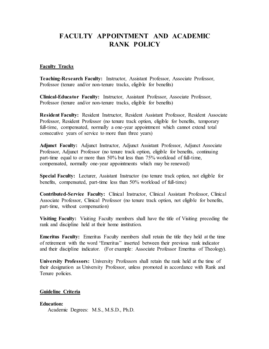 Faculty Appointment and Academic Rank Policy