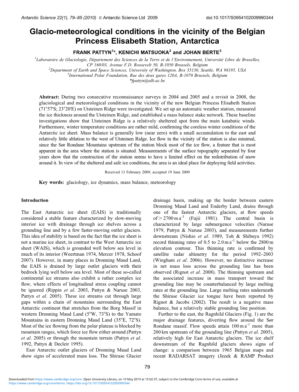 Glacio-Meteorological Conditions in the Vicinity of the Belgian