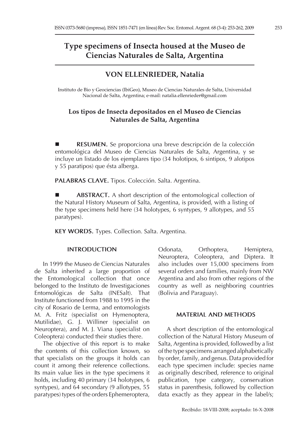 Type Specimens of Insecta Housed at the Museo De Ciencias Naturales De Salta, Argentina