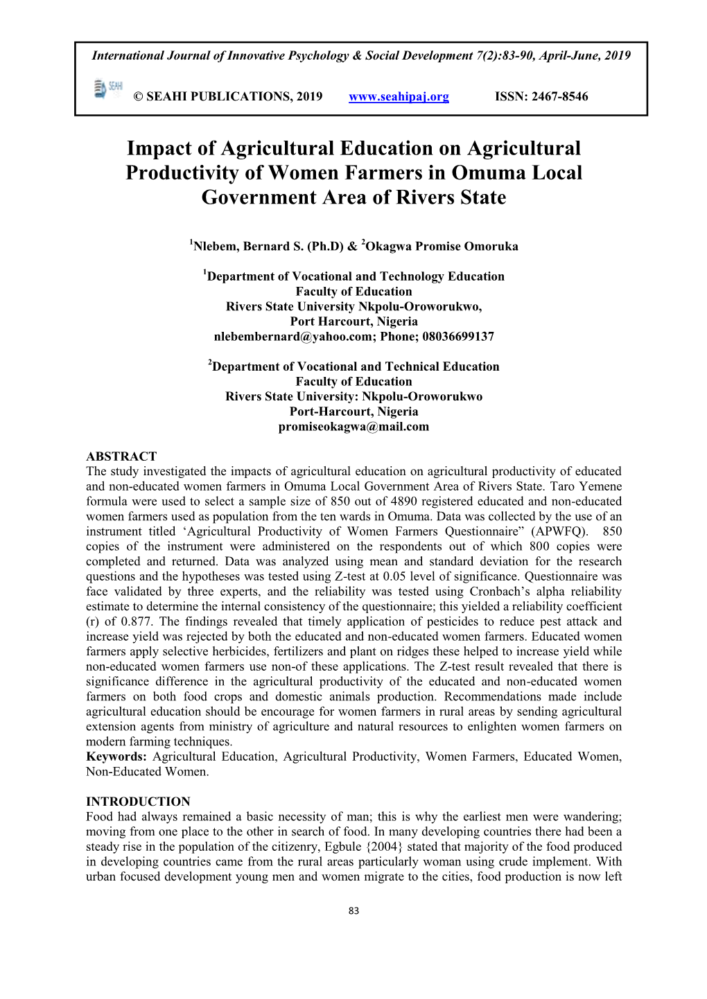 Impact of Agricultural Education on Agricultural Productivity of Women Farmers in Omuma Local Government Area of Rivers State