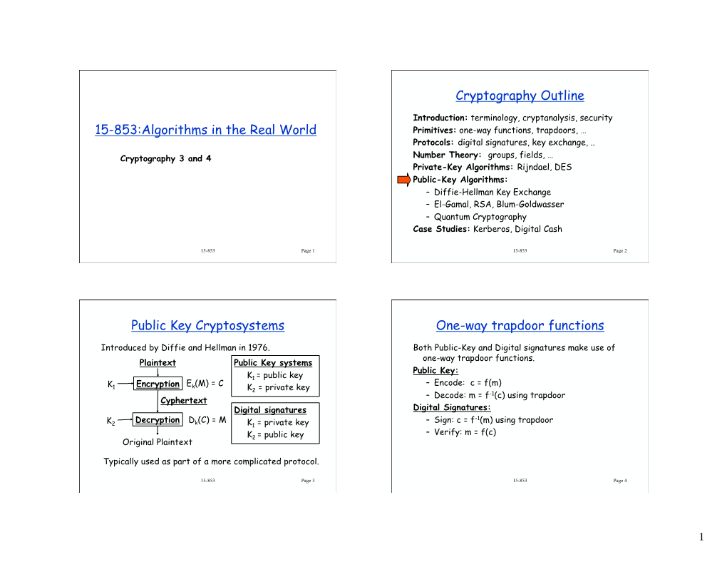 15-853:Algorithms in the Real World Cryptography Outline Public Key