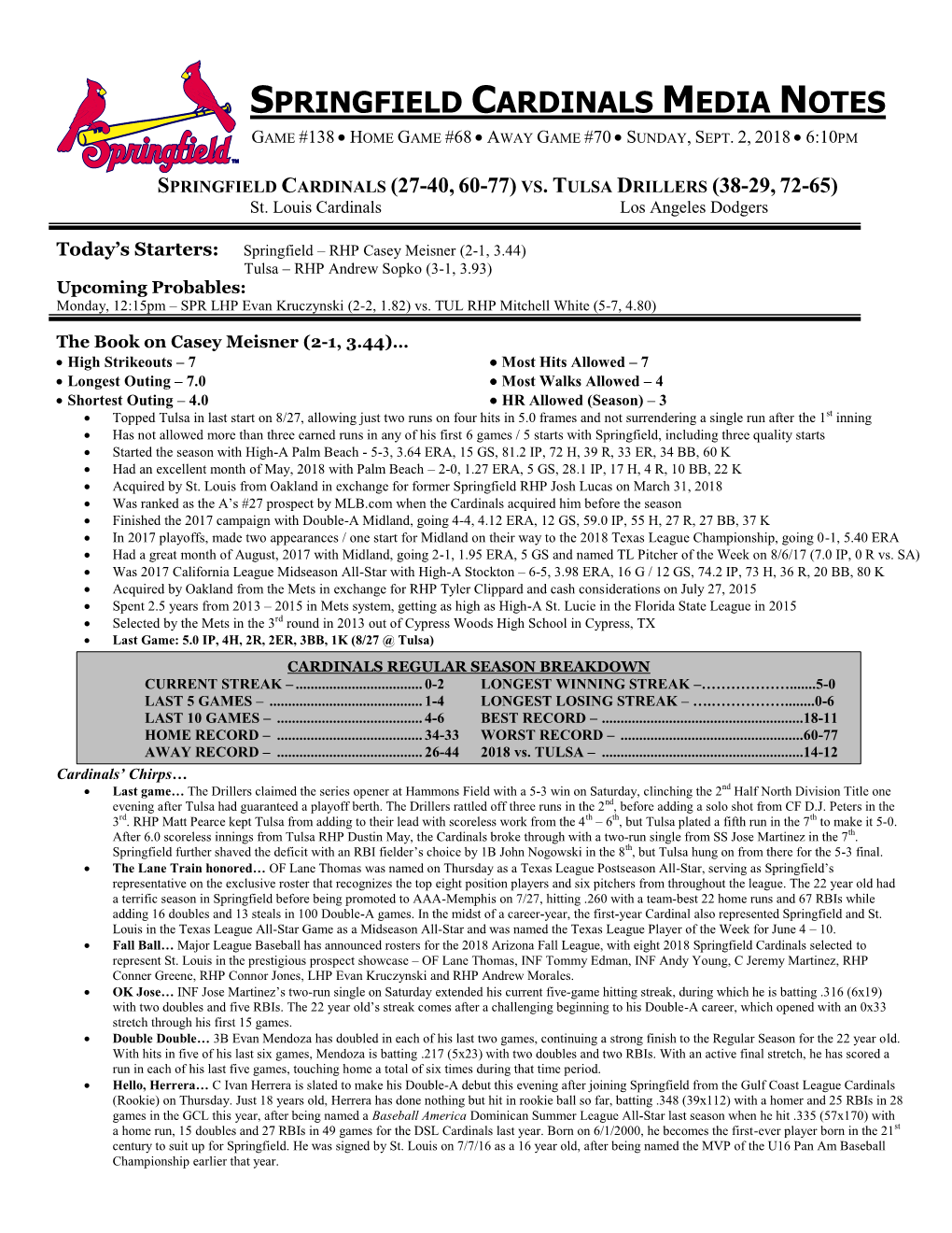 Springfield Cardinals Media Notes Game #138  Home Game #68  Away Game #70  Sunday, Sept