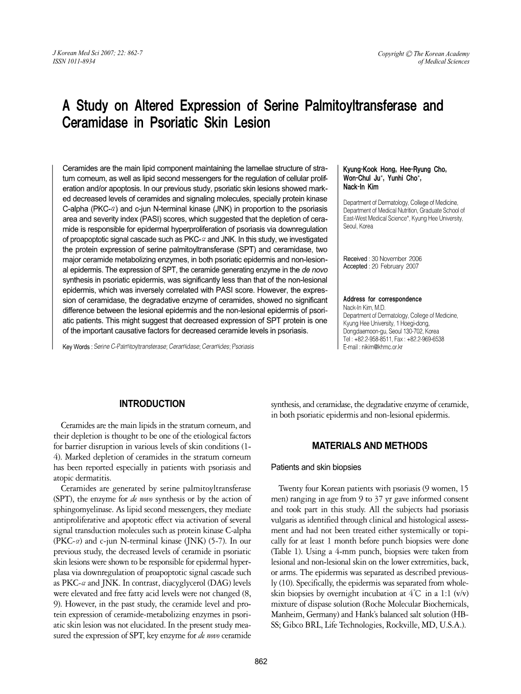 A Study on Altered Expression of Serine Palmitoyltransferase and Ceramidase in Psoriatic Skin Lesion