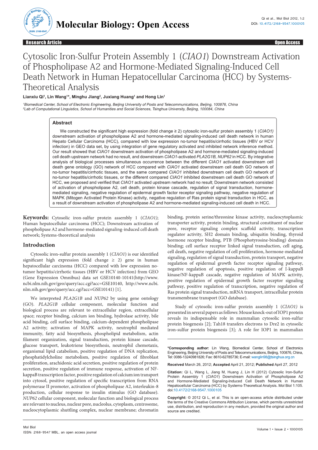 Cytosolic Iron-Sulfur Protein Assembly 1 (CIAO1) Downstream Activation