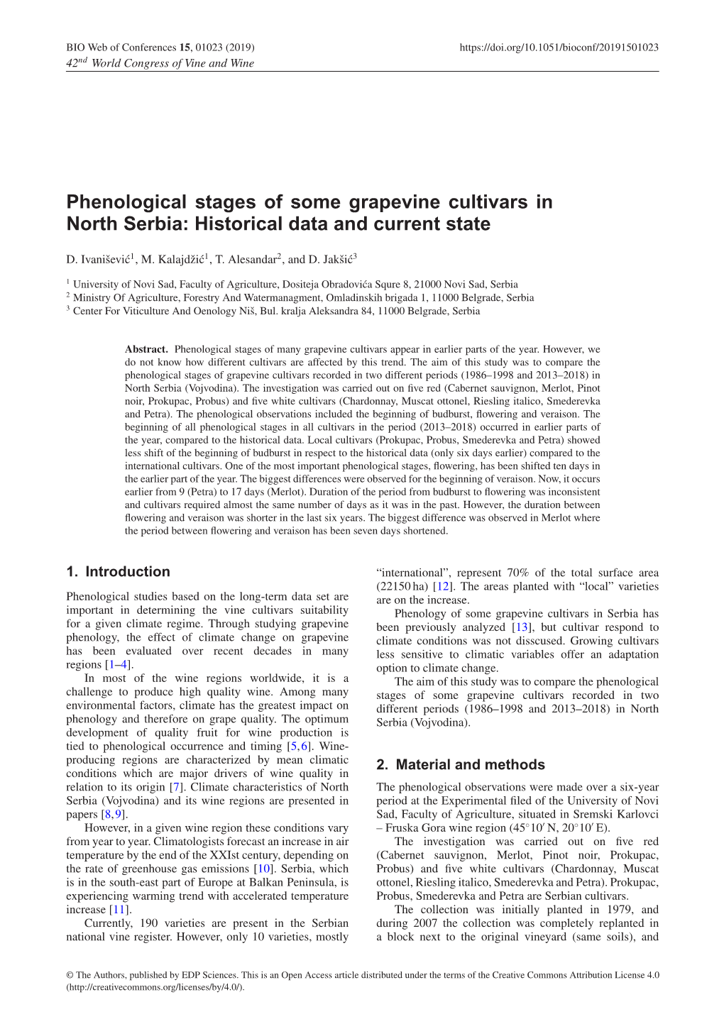 Phenological Stages of Some Grapevine Cultivars in North Serbia: Historical Data and Current State