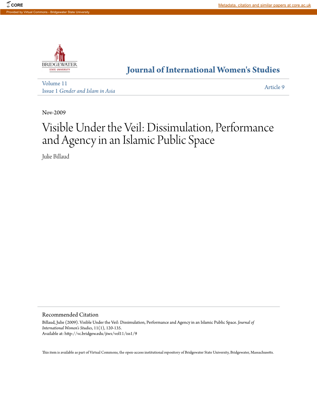 Visible Under the Veil: Dissimulation, Performance and Agency in an Islamic Public Space Julie Billaud