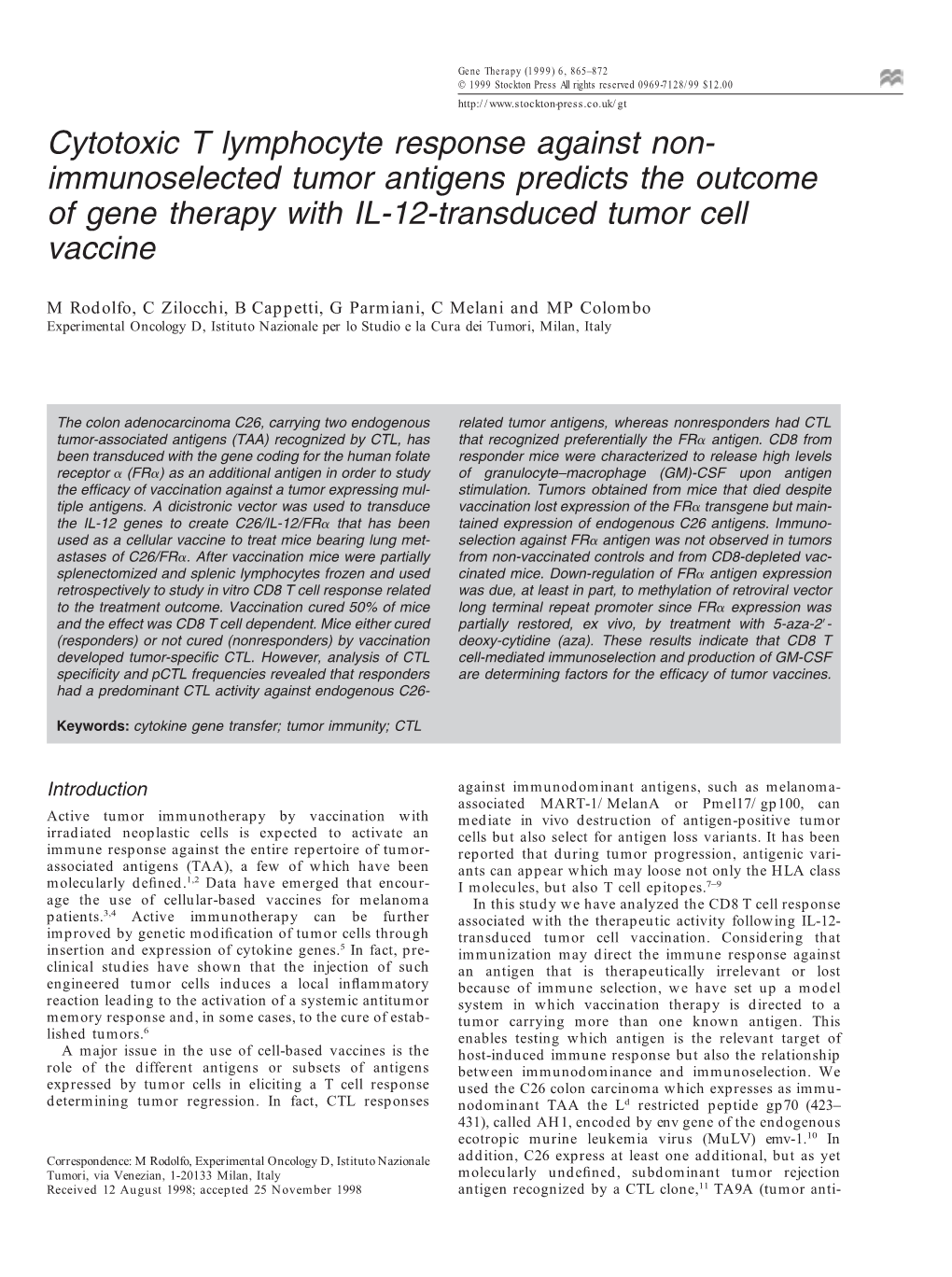 Immunoselected Tumor Antigens Predicts the Outcome of Gene Therapy with IL-12-Transduced Tumor Cell Vaccine