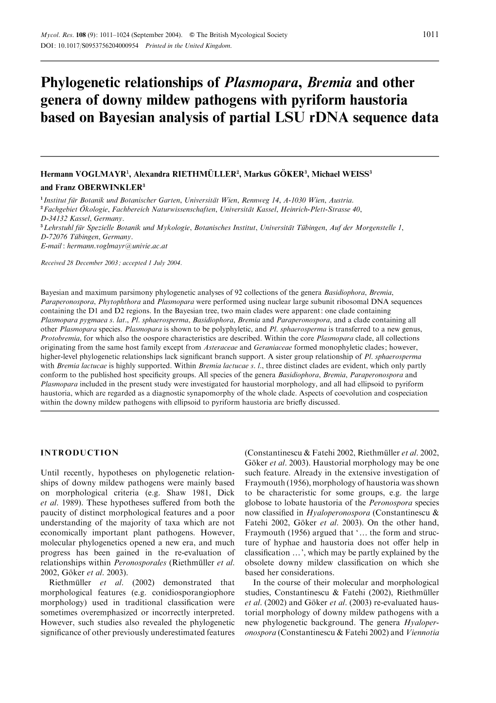 Phylogenetic Relationships of Plasmopara, Bremia and Other