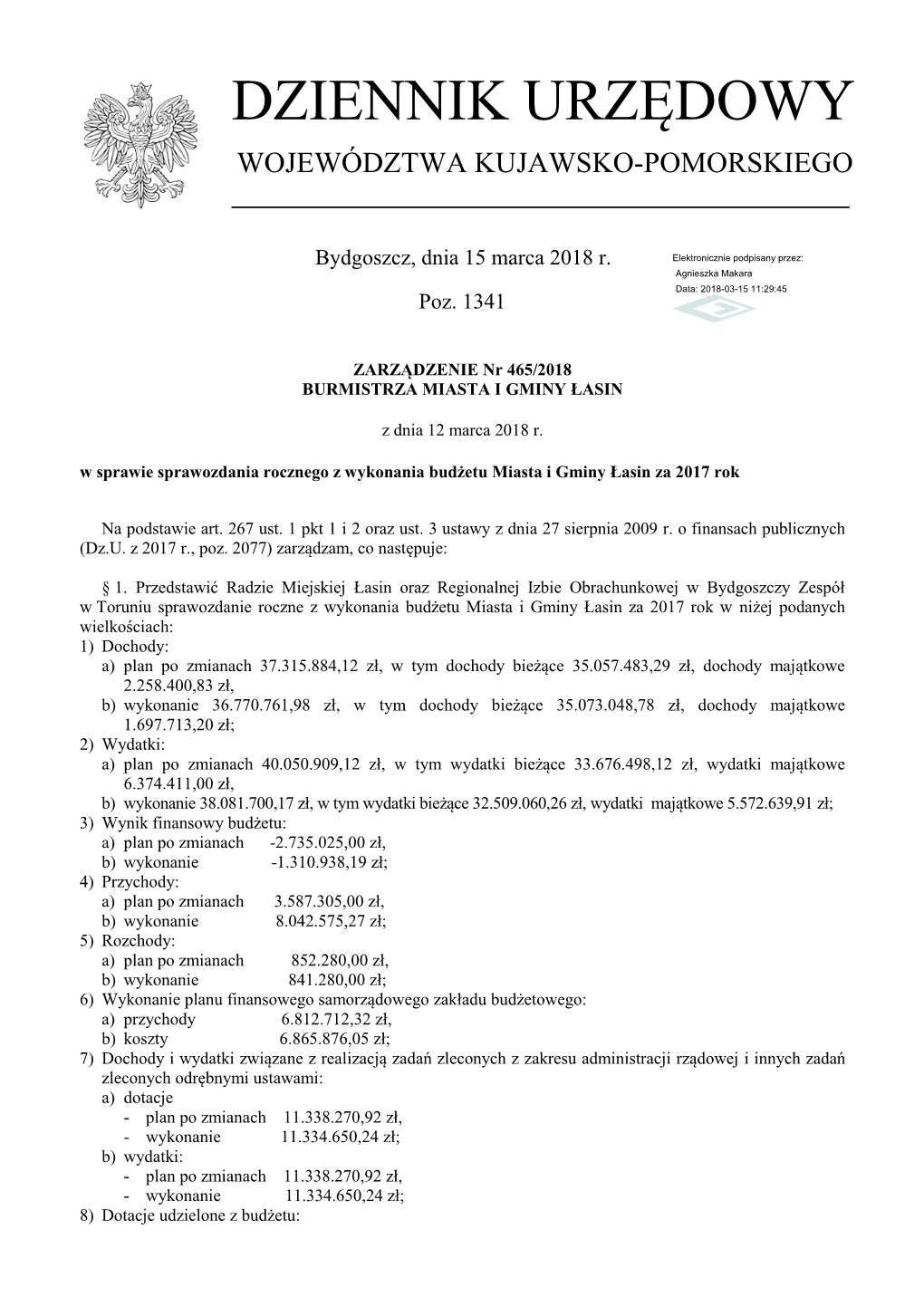Zarządzenie Nr 465/2018 Z Dnia 12 Marca 2018 R