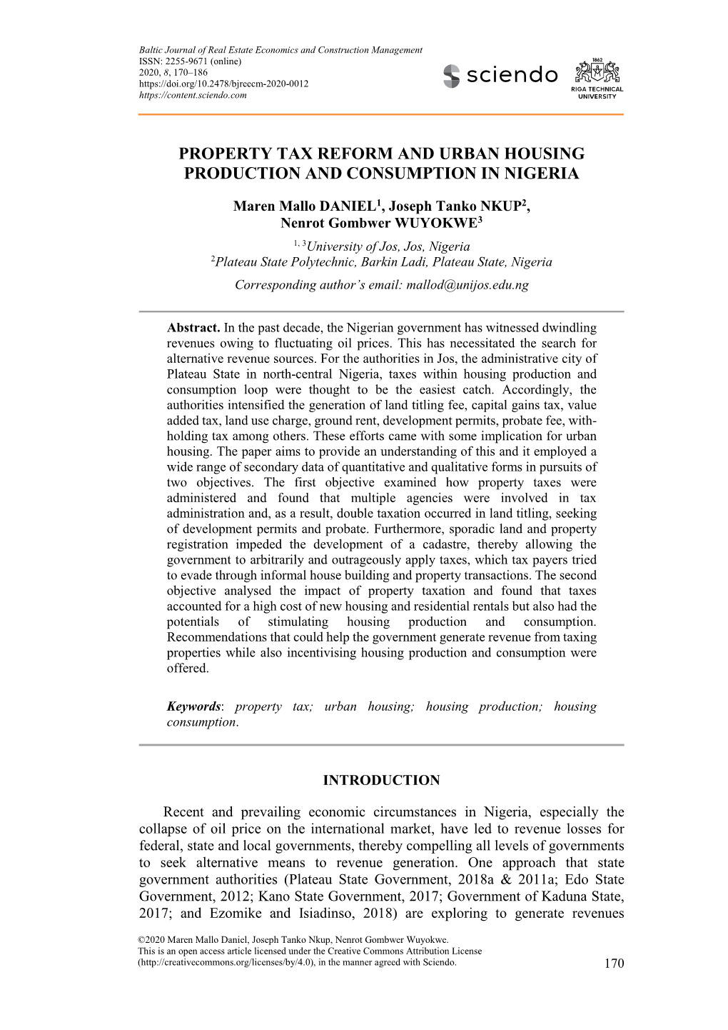 Property Tax Reform and Urban Housing Production and Consumption in Nigeria