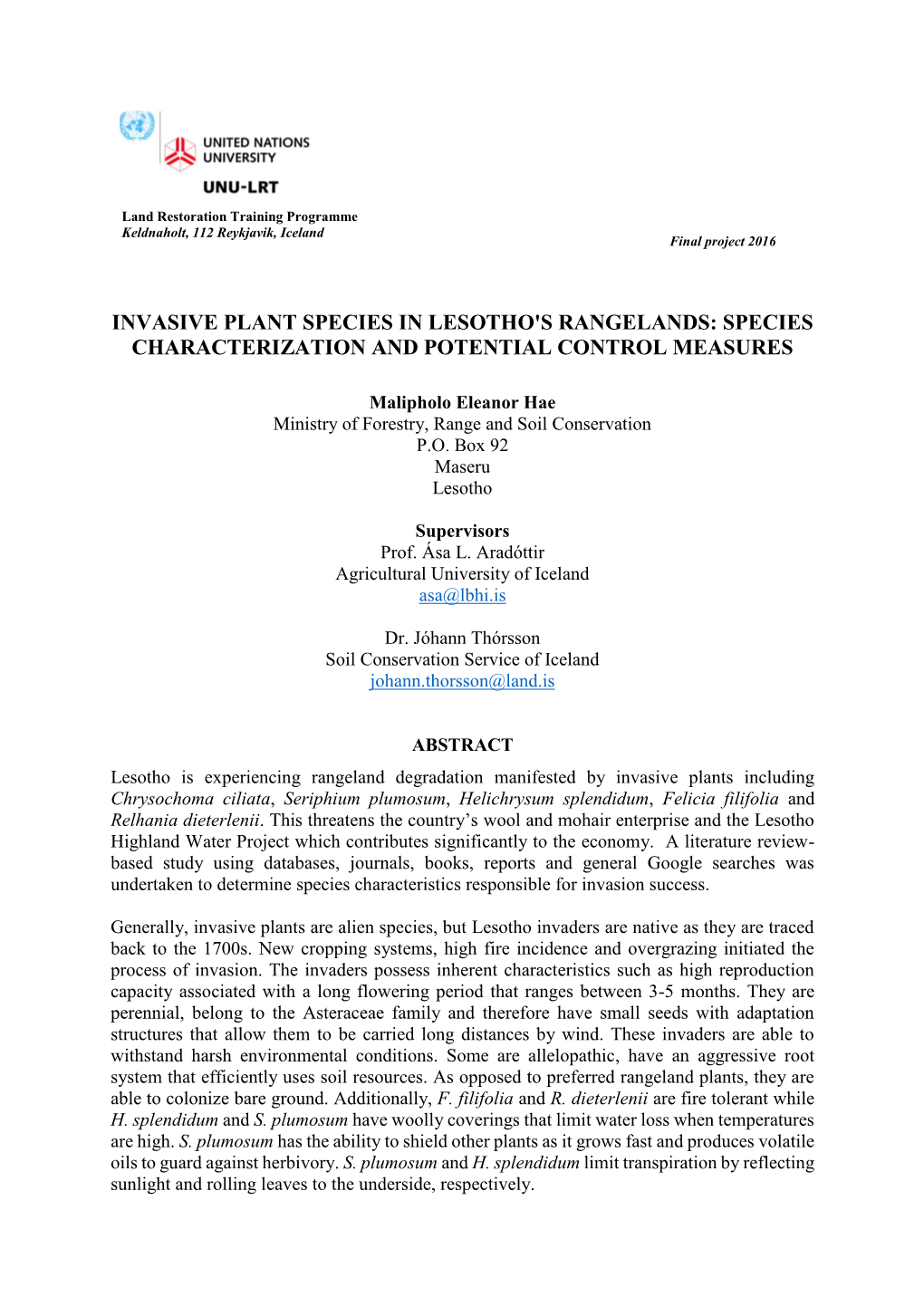 Invasive Plant Species in Lesotho's Rangelands: Species Characterization and Potential Control Measures