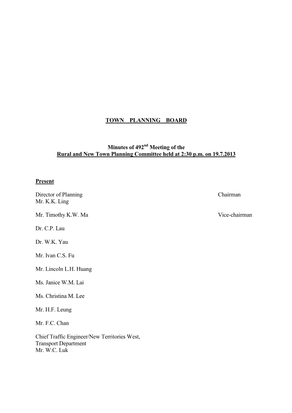 TOWN PLANNING BOARD Minutes of 492 Meeting of the Rural and New