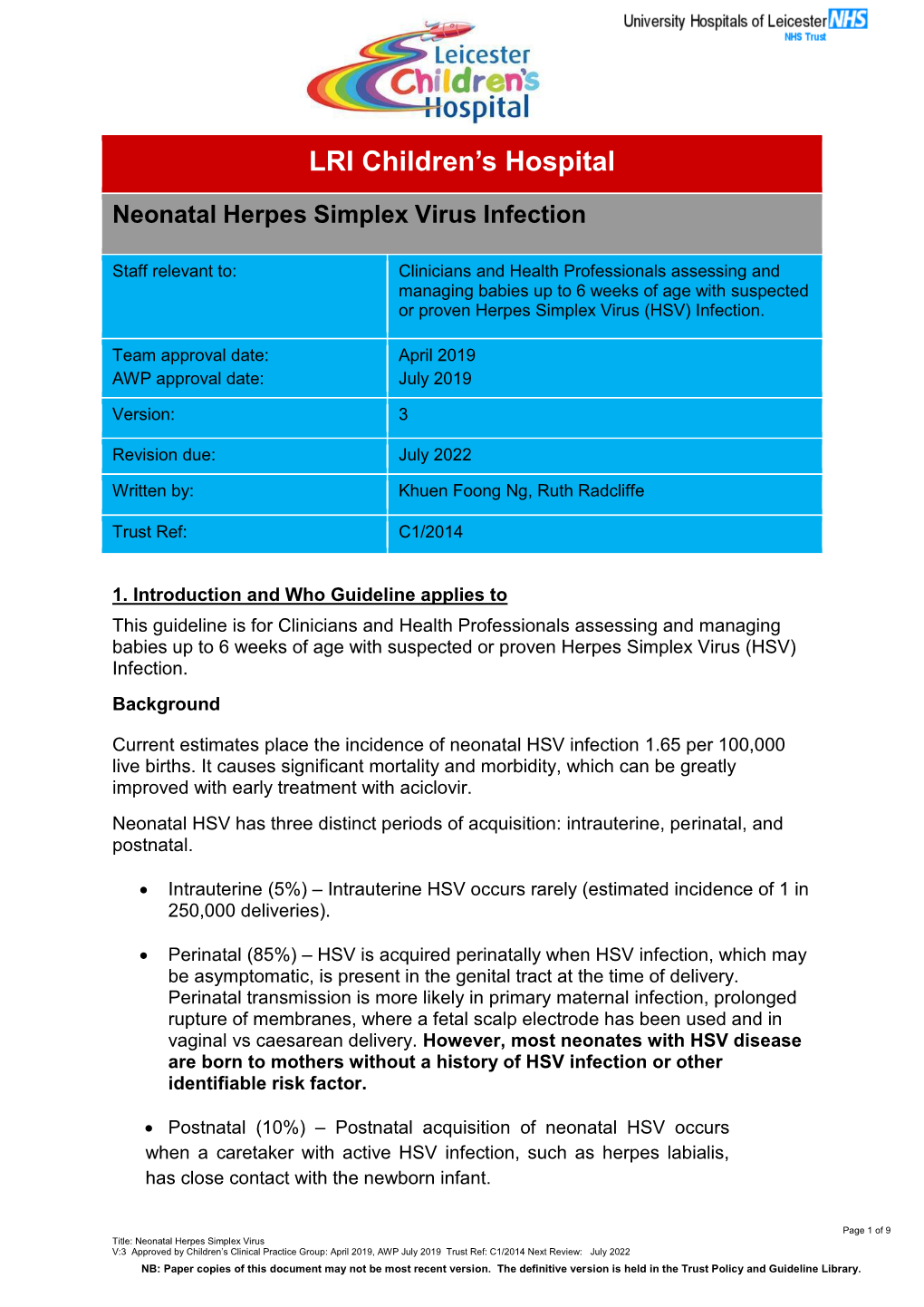 Neonatal Herpes Simplex UHL Childrens Medical Guideline