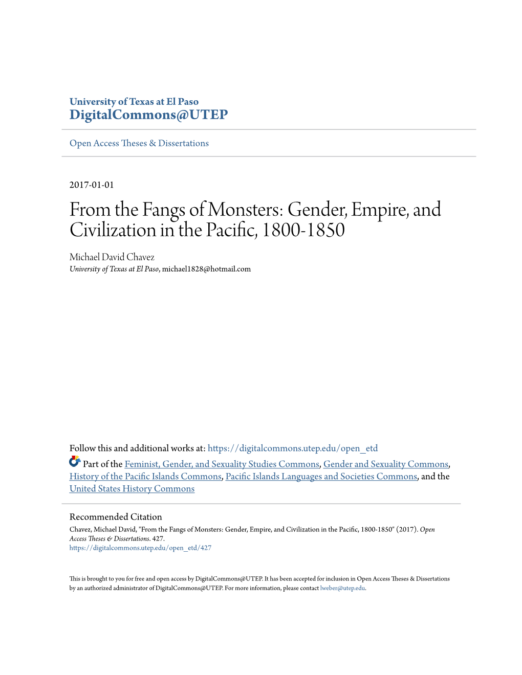 Gender, Empire, and Civilization in the Pacific, 1800-1850 Michael David Chavez University of Texas at El Paso, Michael1828@Hotmail.Com