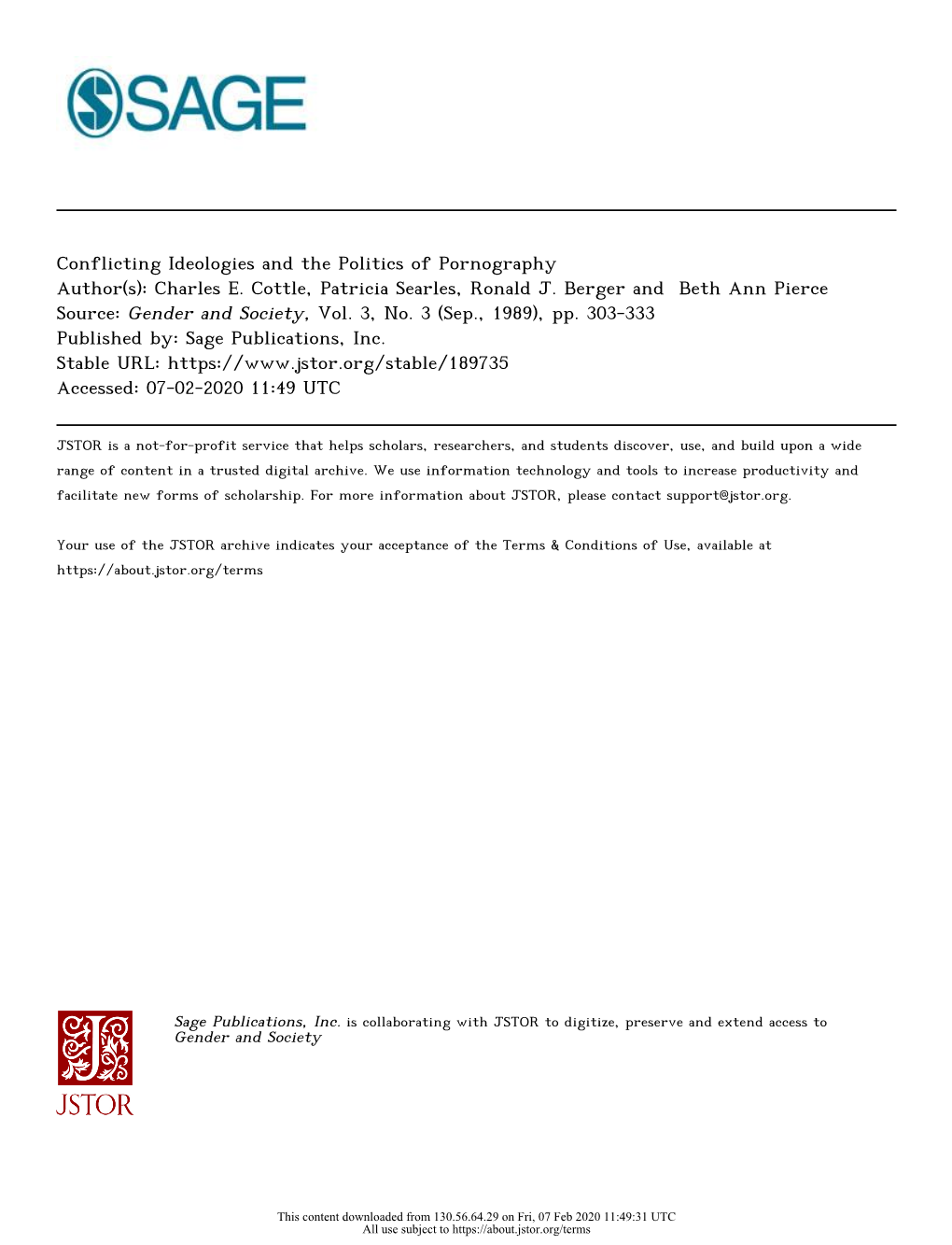 Conflicting Ideologies and the Politics of Pornography Author(S): Charles E. Cottle, Patricia Searles, Ronald J. Berger And