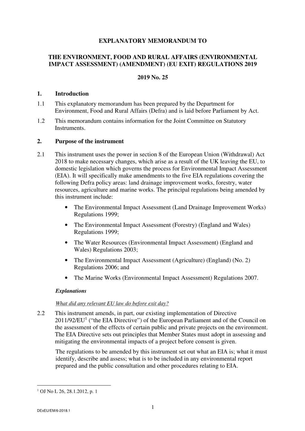 Environmental Impact Assessment) (Amendment) (Eu Exit) Regulations 2019