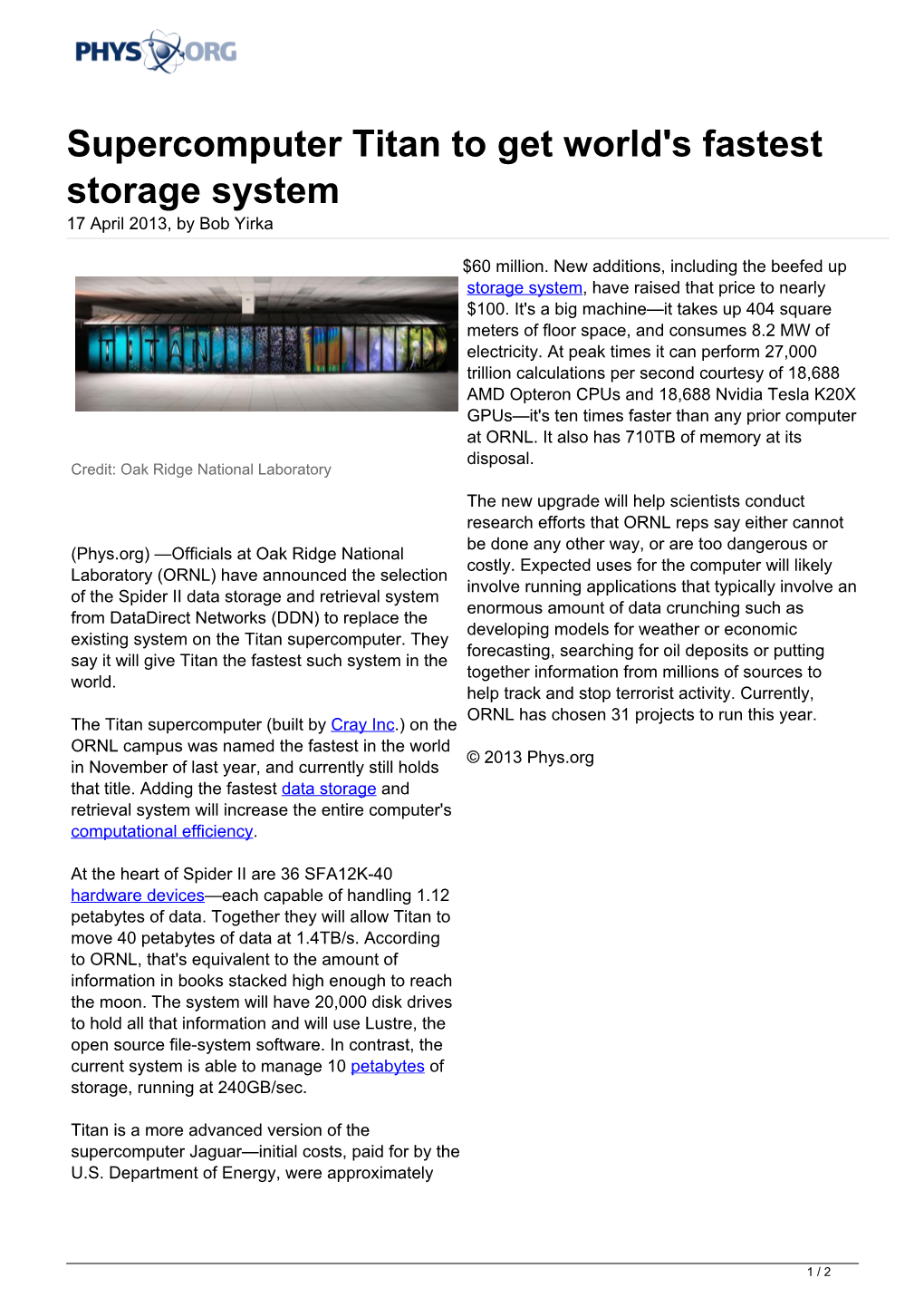 Supercomputer Titan to Get World's Fastest Storage System 17 April 2013, by Bob Yirka