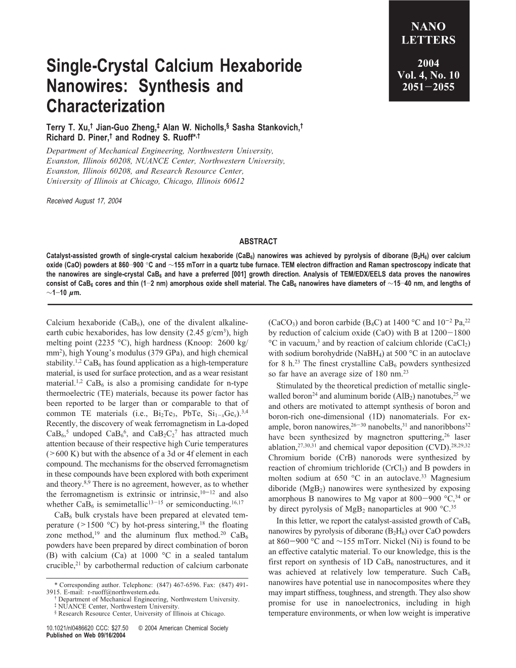 Single-Crystal Calcium Hexaboride Nanowires: Synthesis And