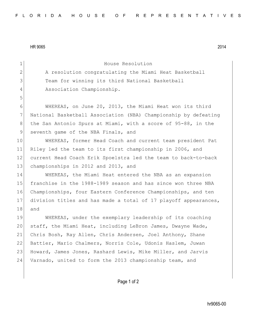 Hr9065-00 Page 1 of 2 House Resolution 1 A