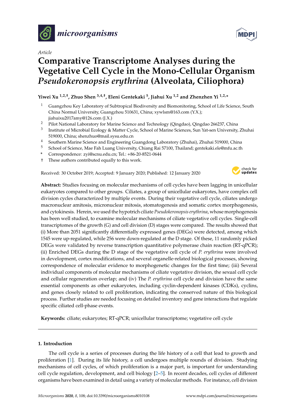 Comparative Transcriptome Analyses During the Vegetative Cell Cycle in the Mono-Cellular Organism Pseudokeronopsis Erythrina (Alveolata, Ciliophora)
