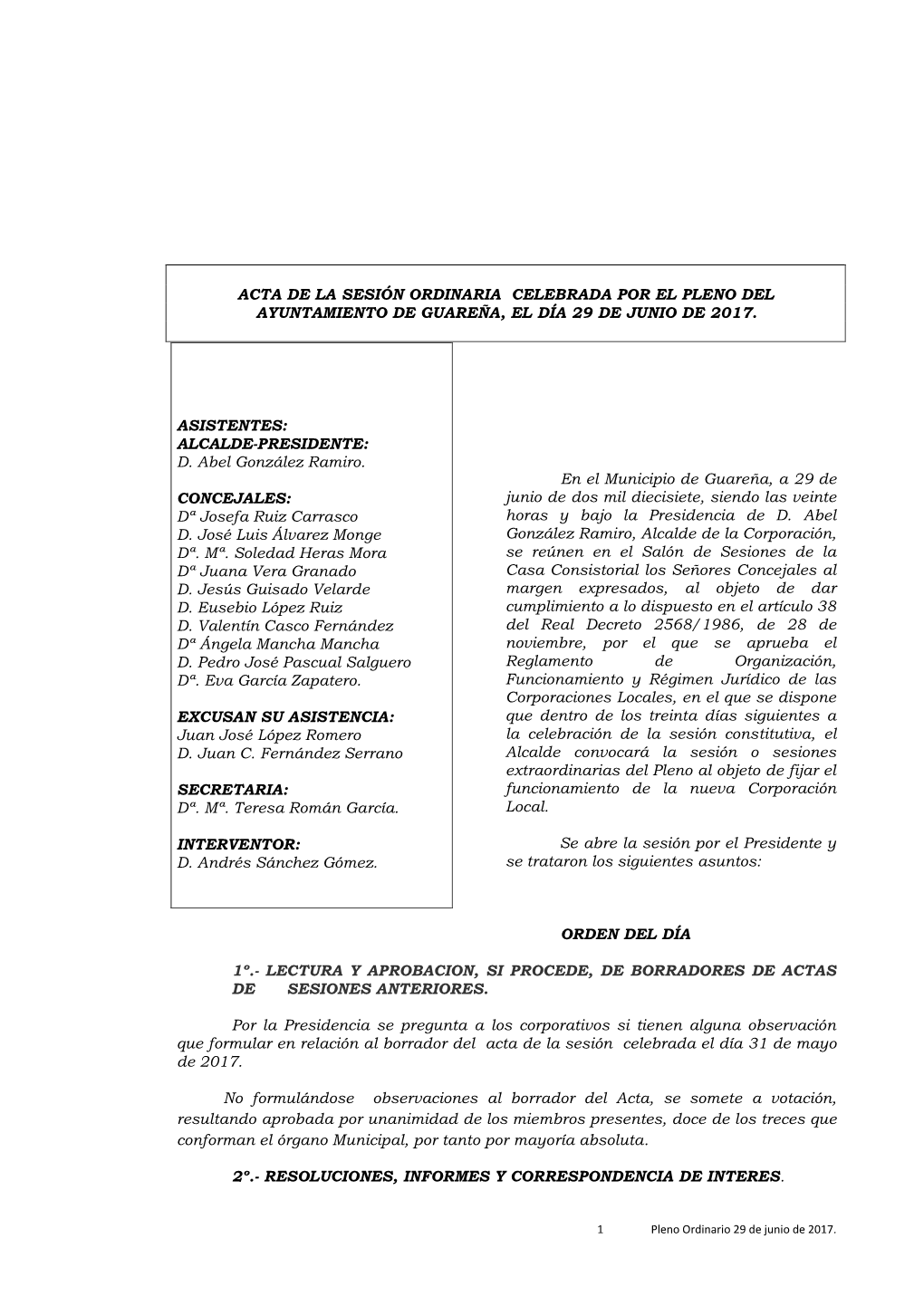 Acta De La Sesión Ordinaria Celebrada Por El Pleno Del Ayuntamiento De Guareña, El Día 29 De Junio De 2017