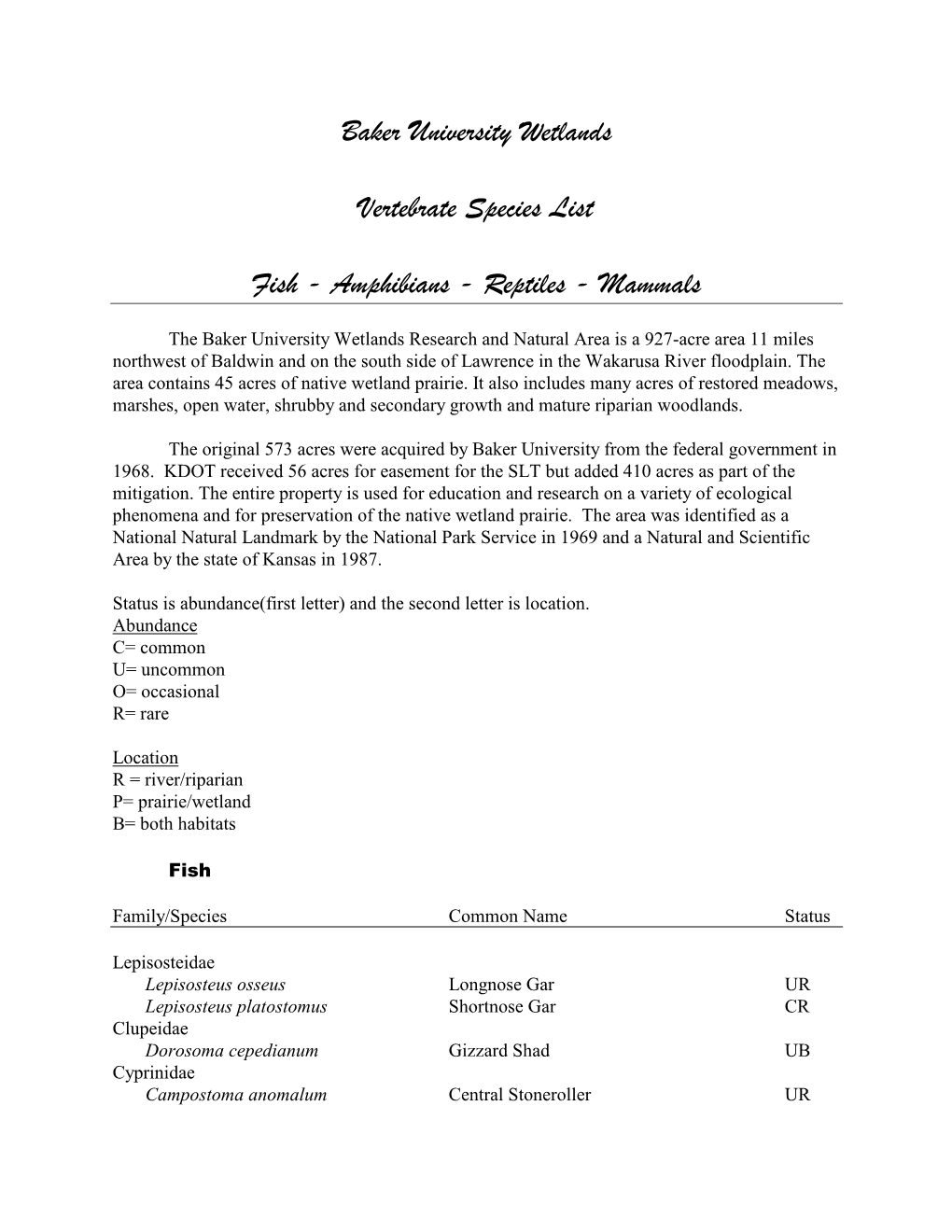 Baker University Wetlands Vertebrate Species List Fish