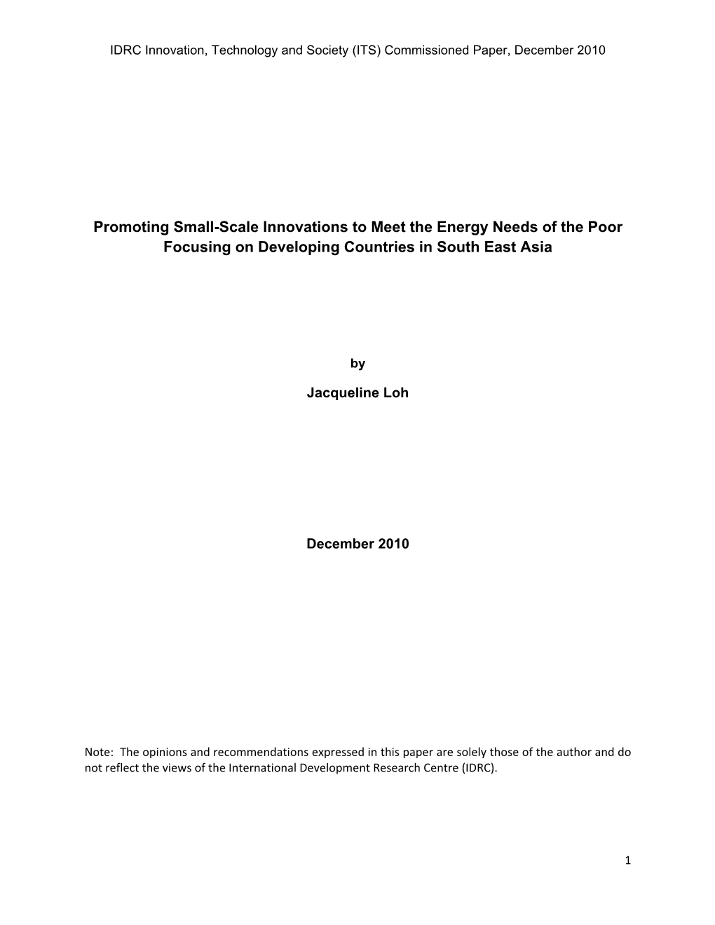 Promoting Small-Scale Innovations to Meet the Energy Needs of the Poor Focusing on Developing Countries in South East Asia