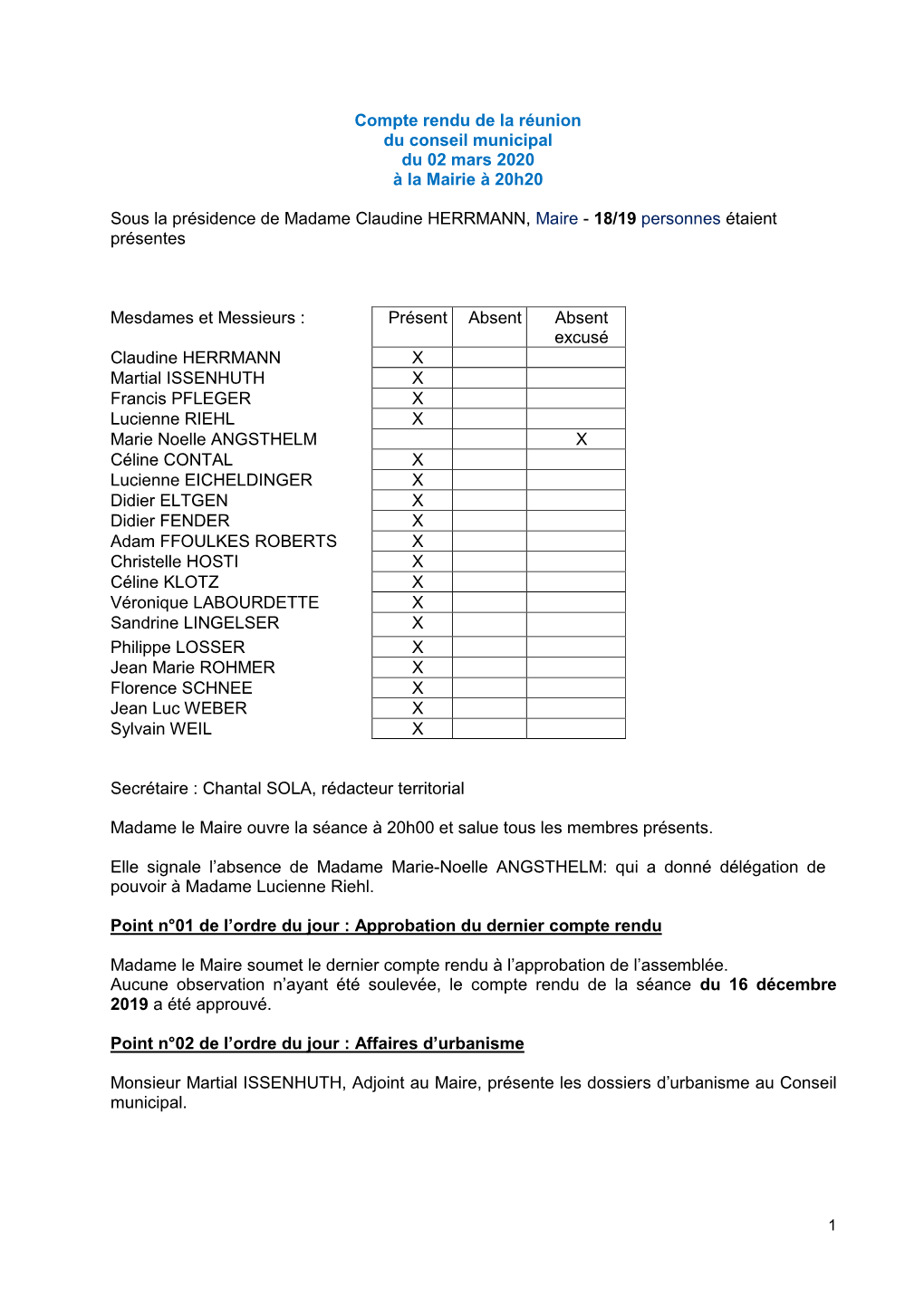 Compte Rendu De La Réunion Du Conseil Municipal Du 02 Mars 2020 À La Mairie À 20H20