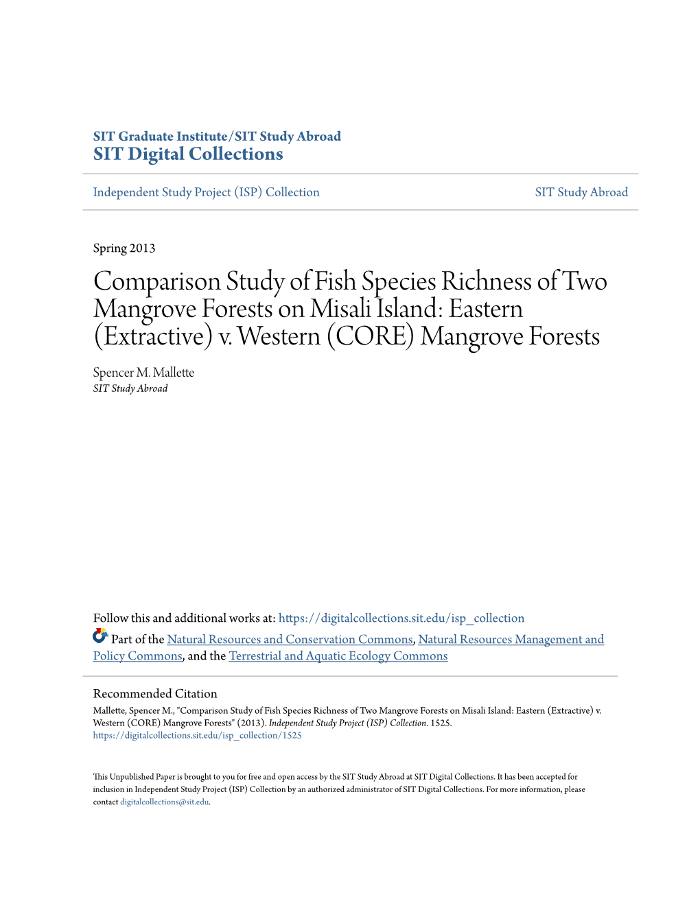 Comparison Study of Fish Species Richness of Two Mangrove Forests on Misali Island: Eastern (Extractive) V