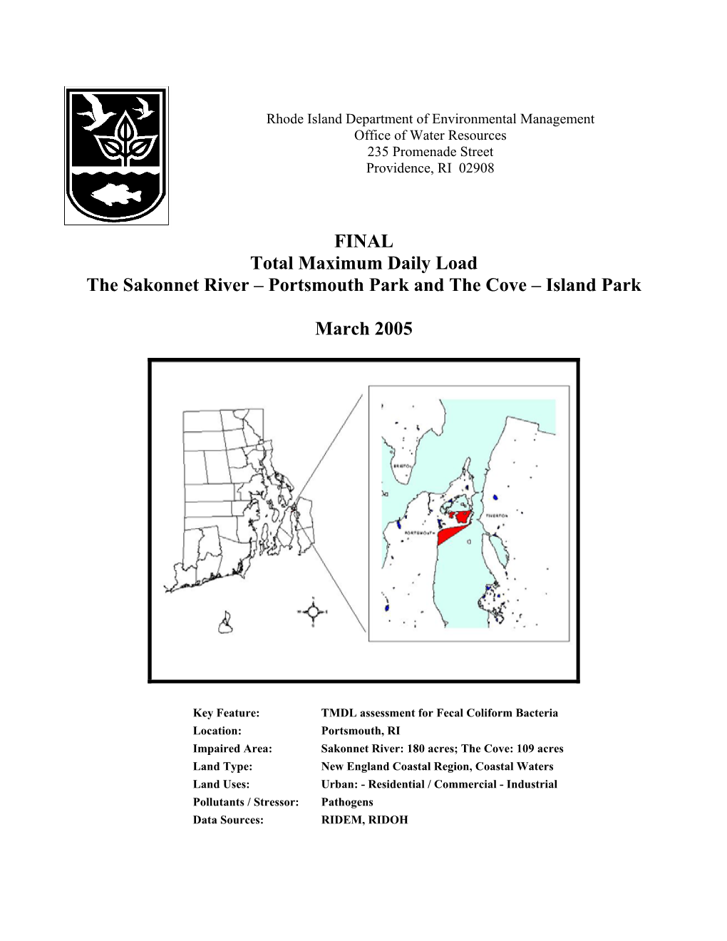 RI DEM/Water Resources- Final Total Maximum Daily Load, the Sakonnet River, Portsmouth Park and the Cove-Island Park