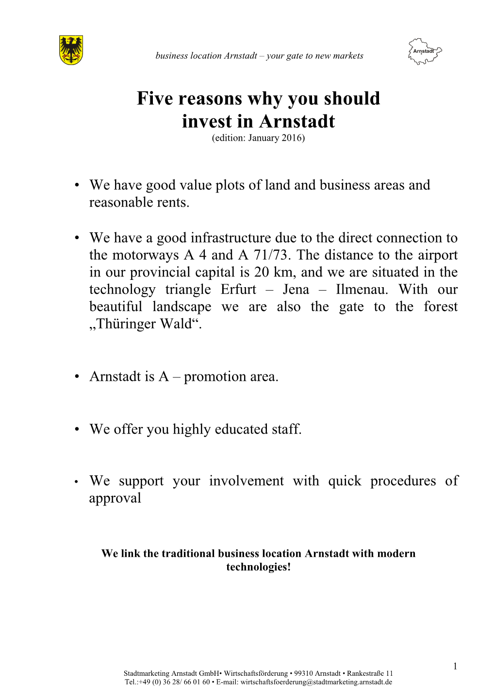 Five Reasons Why You Should Invest in Arnstadt (Edition: January 2016)