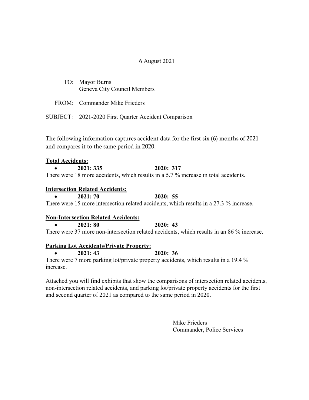 Commander Mike Frieders SUBJECT: 2021-2020 First Quarter Acci