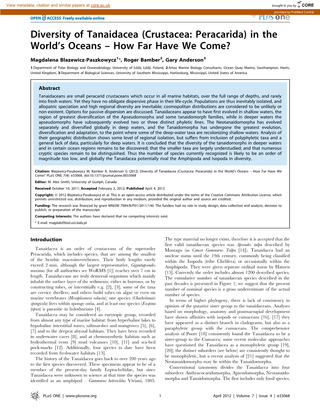 Diversity of Tanaidacea (Crustacea: Peracarida) in the World’S Oceans – How Far Have We Come?