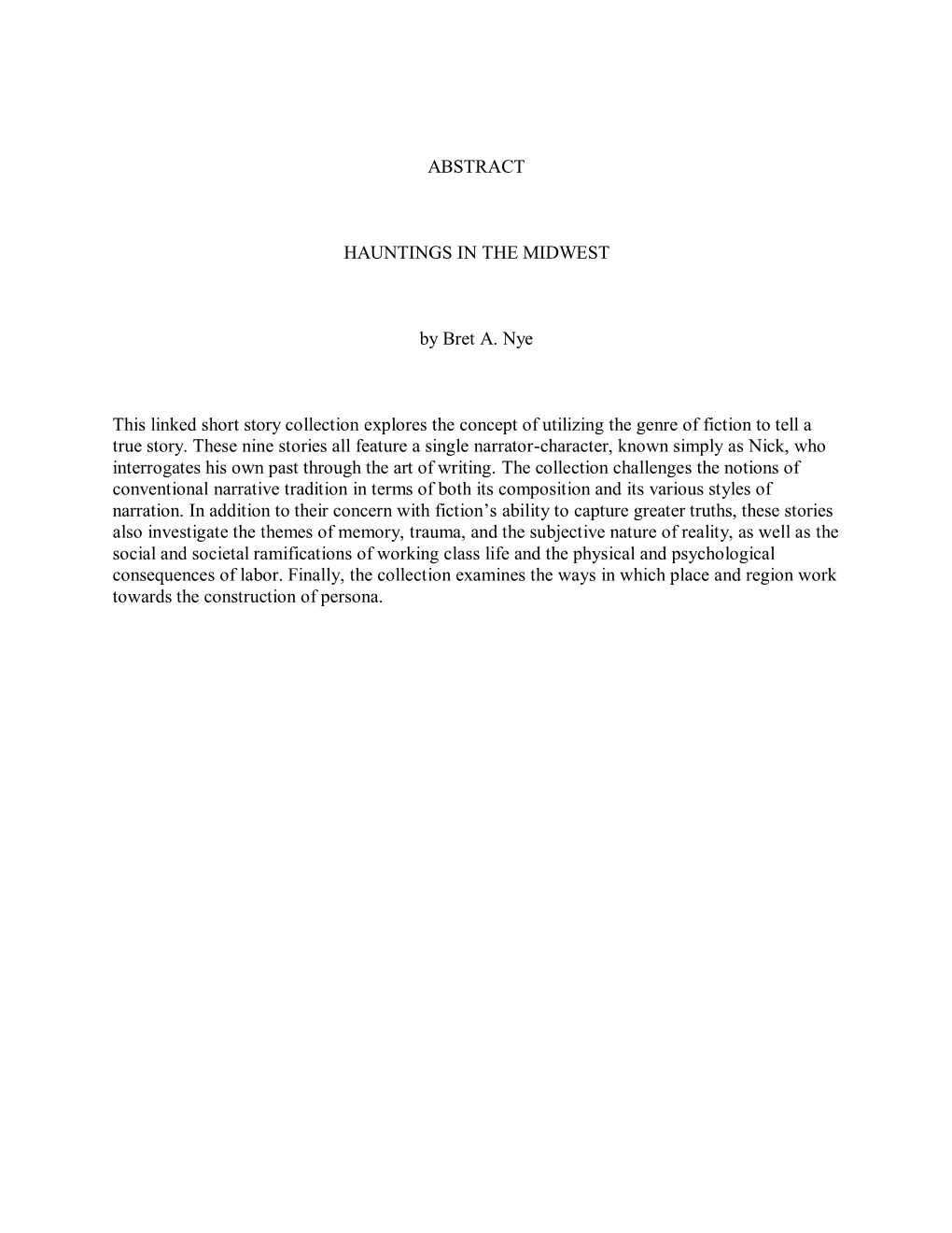 ABSTRACT HAUNTINGS in the MIDWEST by Bret A. Nye This Linked Short Story Collection Explores the Concept of Utilizing the Genre