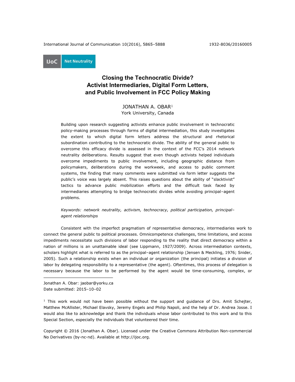 Closing the Technocratic Divide? Activist Intermediaries, Digital Form Letters, and Public Involvement in FCC Policy Making