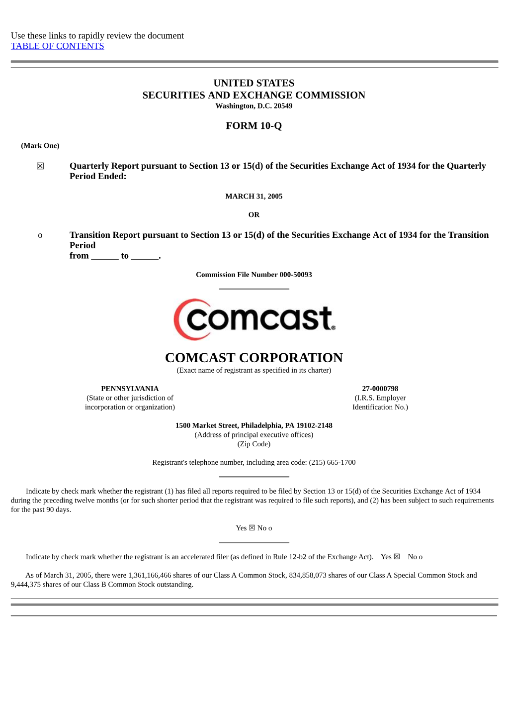 COMCAST CORPORATION (Exact Name of Registrant As Specified in Its Charter)