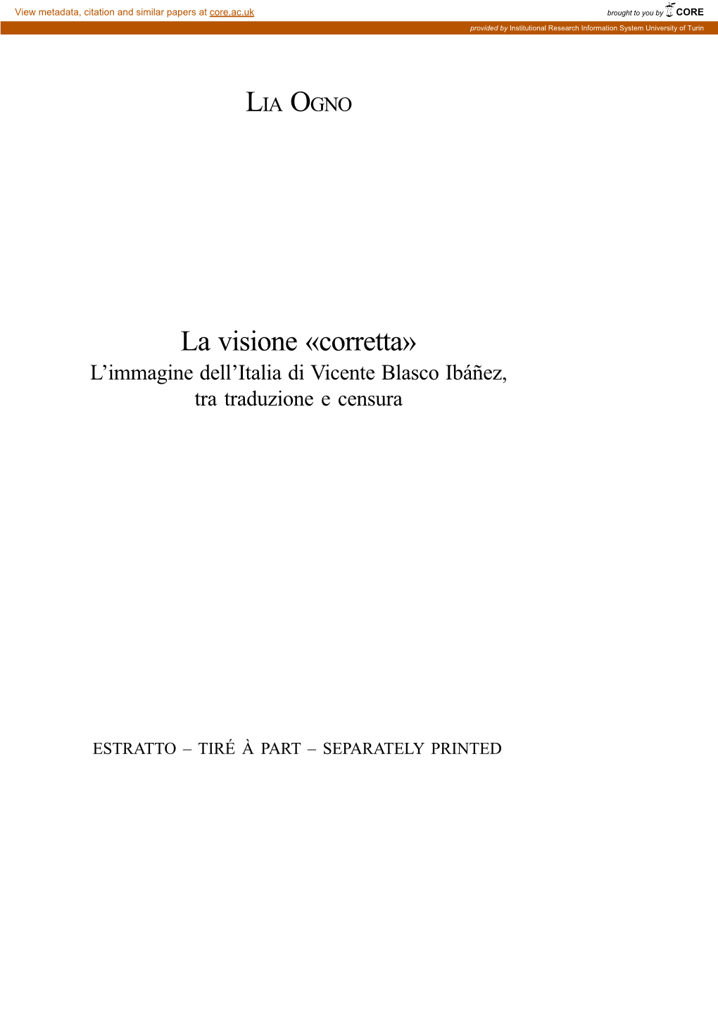 La Visione «Corretta» L’Immagine Dell’Italia Di Vicente Blasco Ibáñez, Tra Traduzione E Censura