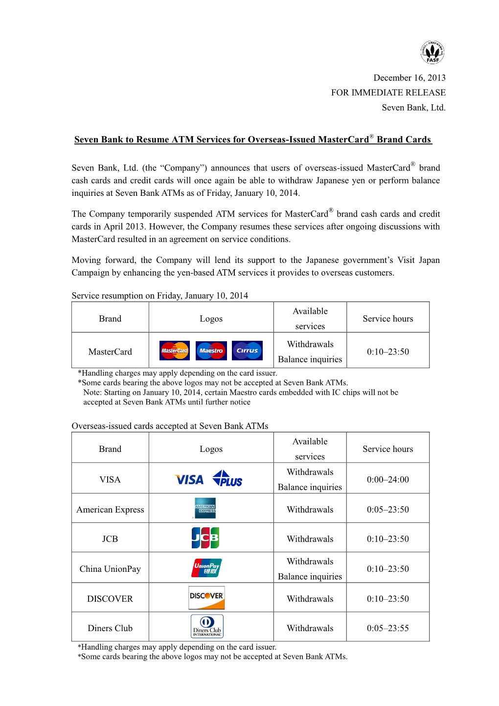 Seven Bank to Resume ATM Services for Overseas-Issued Mastercard® Brand Cards