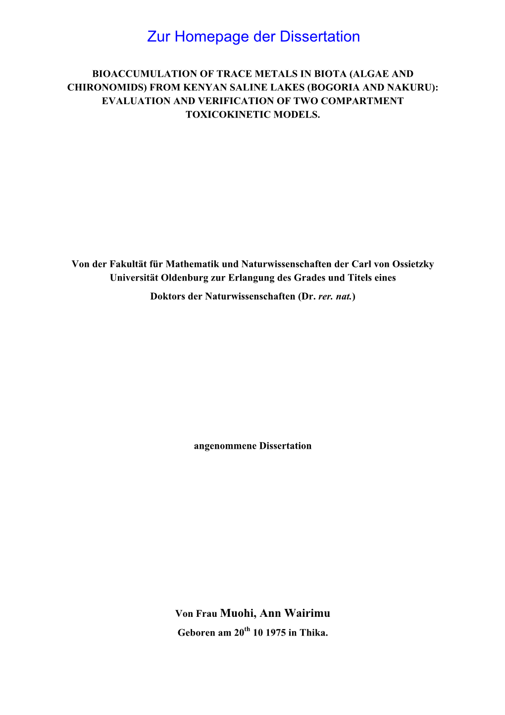 (Algae and Chironomids) from Kenyan Saline Lakes (Bogoria and Nakuru): Evaluation and Verification of Two Compartment Toxicokinetic Models