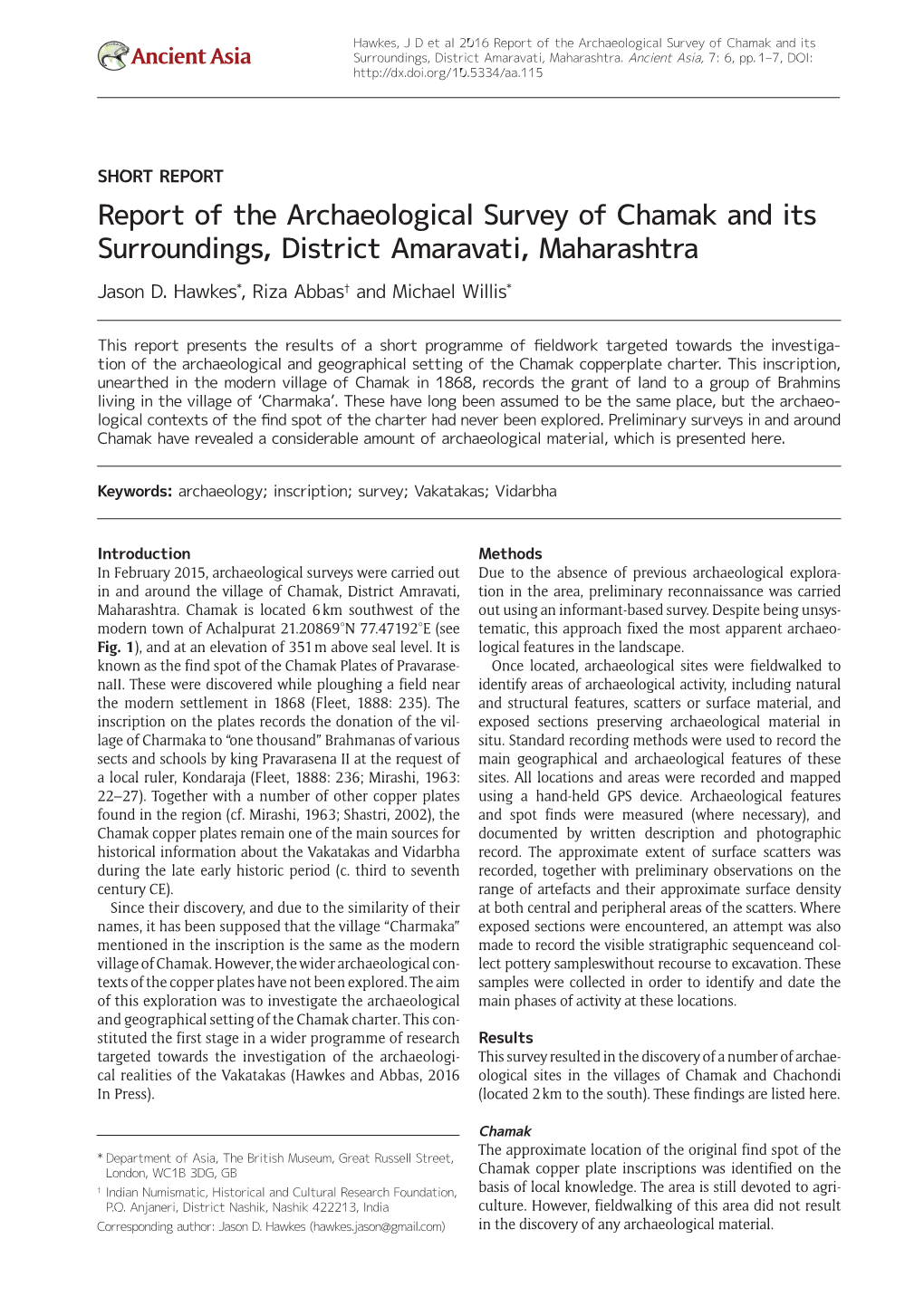 Report of the Archaeological Survey of Chamak and Its Surroundings, District Amaravati, Maharashtra Jason D