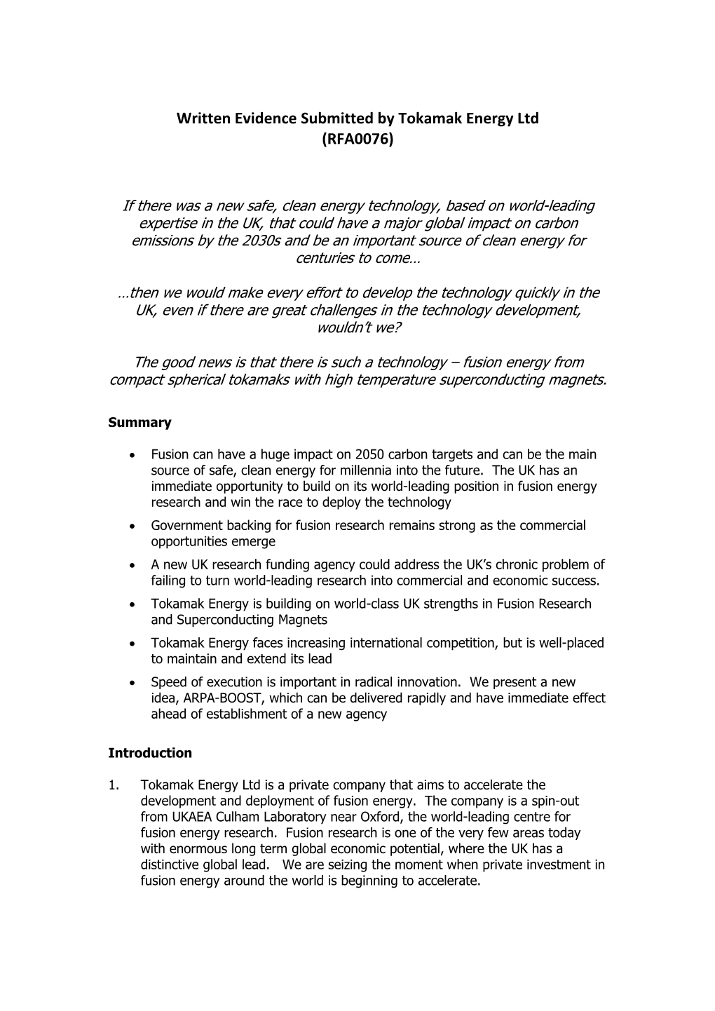 Written Evidence Submitted by Tokamak Energy Ltd (RFA0076)