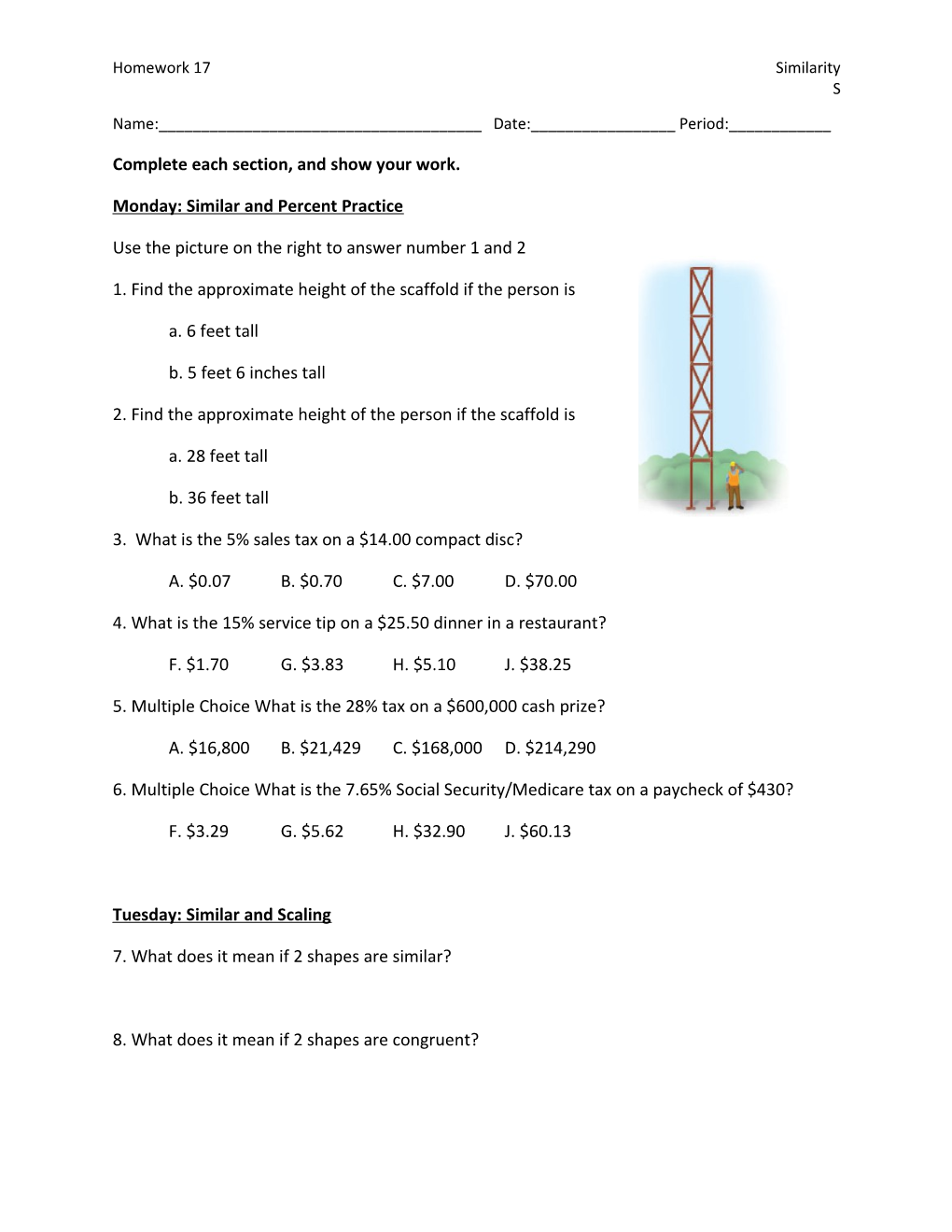 Complete Each Section, and Show Your Work