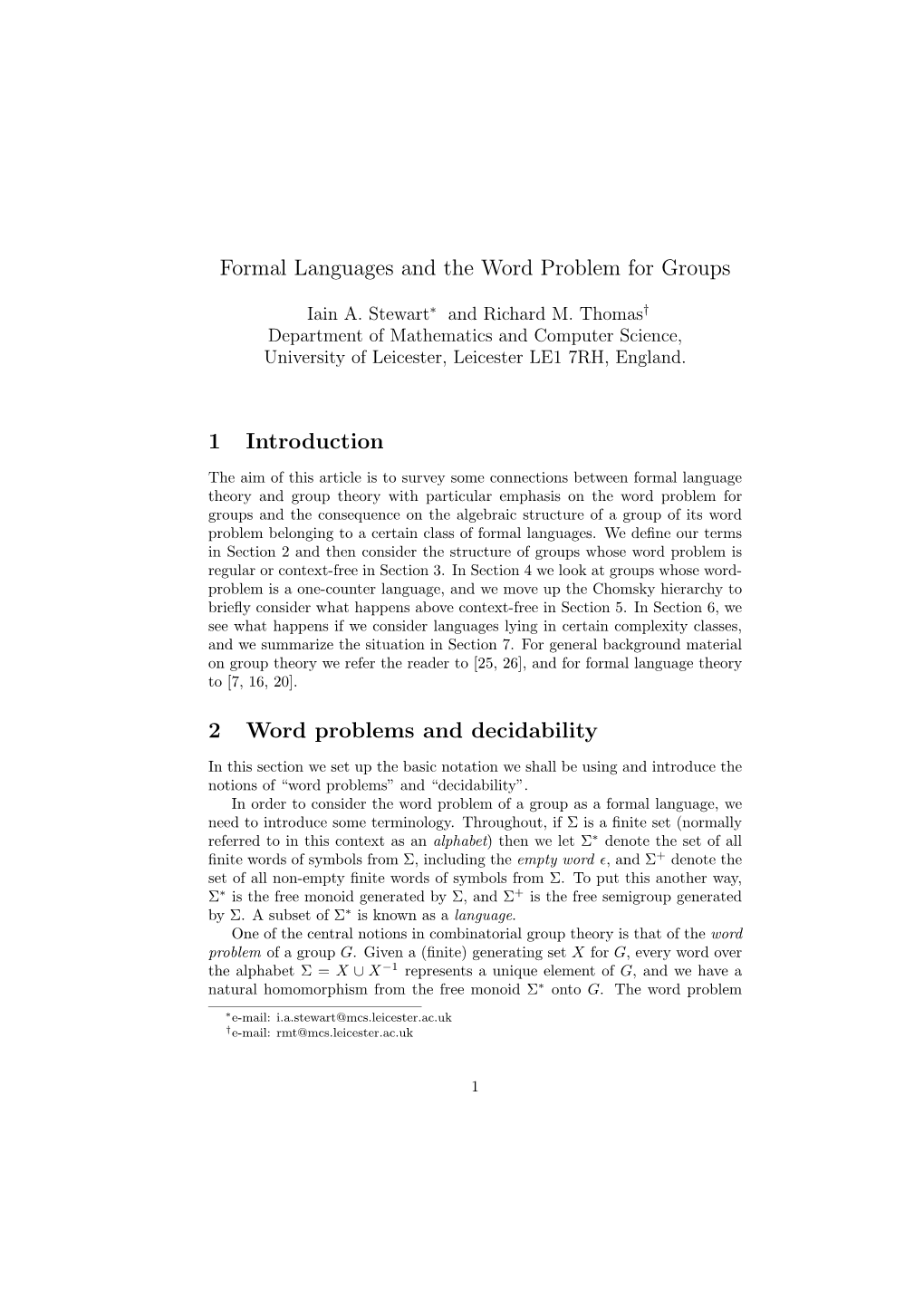 Formal Languages and the Word Problem for Groups 1 Introduction 2