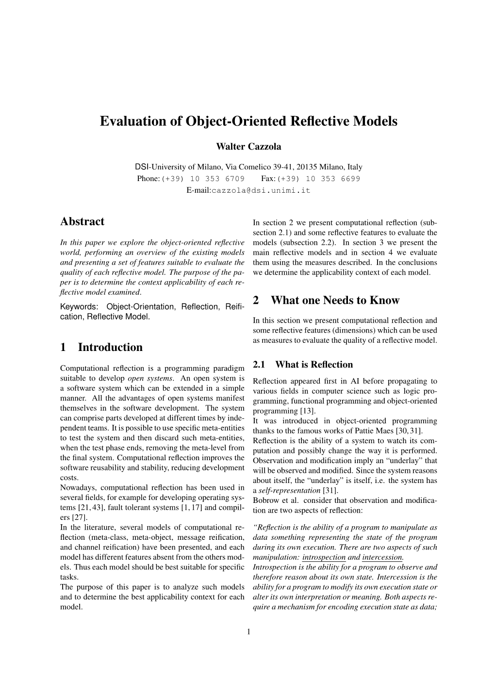 Evaluation of Object-Oriented Reflective Models