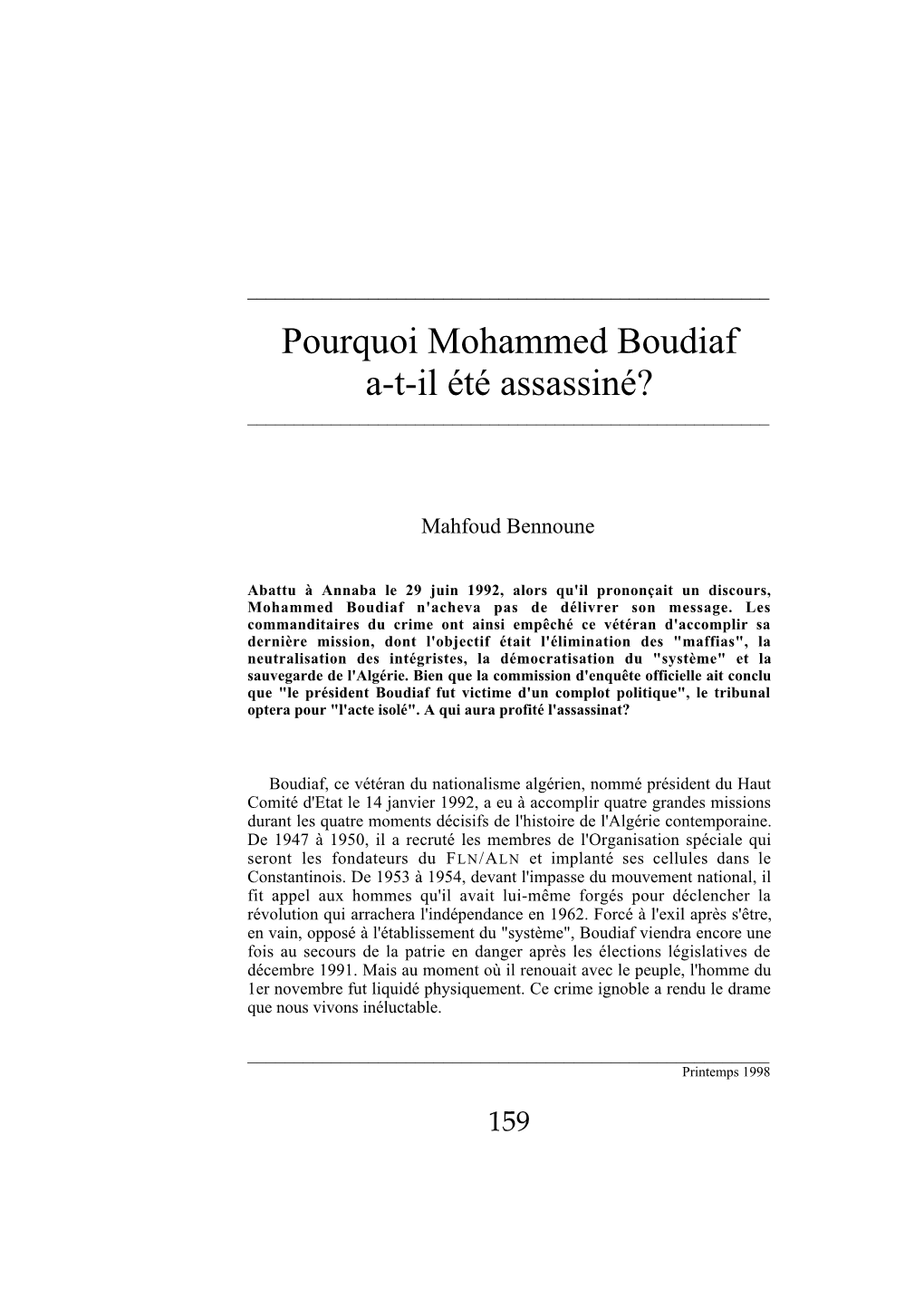 Pourquoi Mohammed Boudiaf A-T-Il Été Assassiné? ______