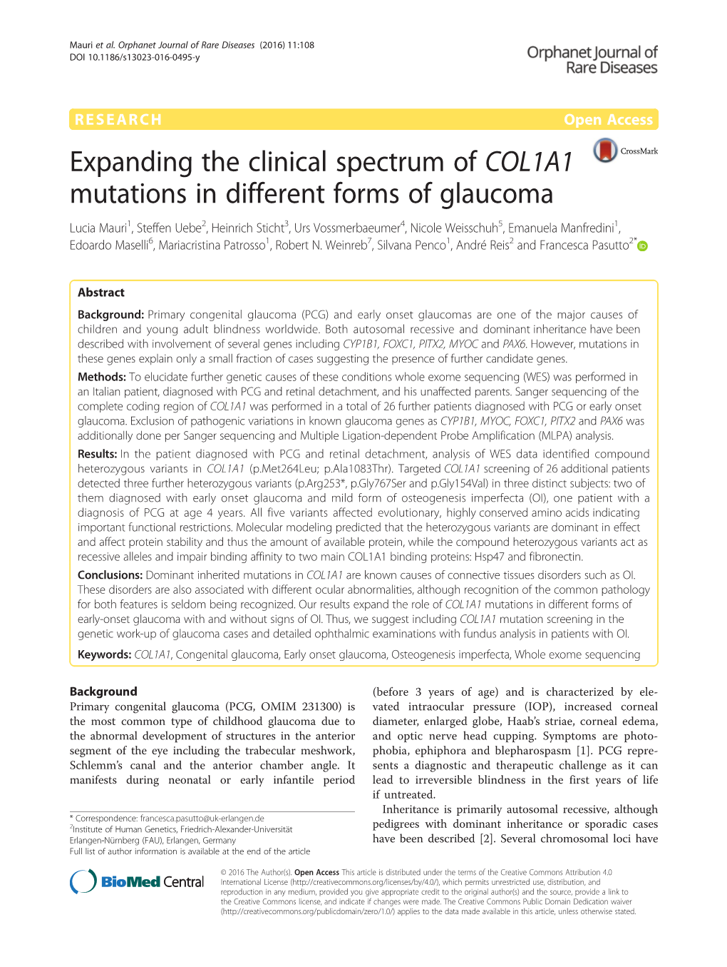 Expanding the Clinical Spectrum of COL1A1 Mutations in Different Forms of Glaucoma