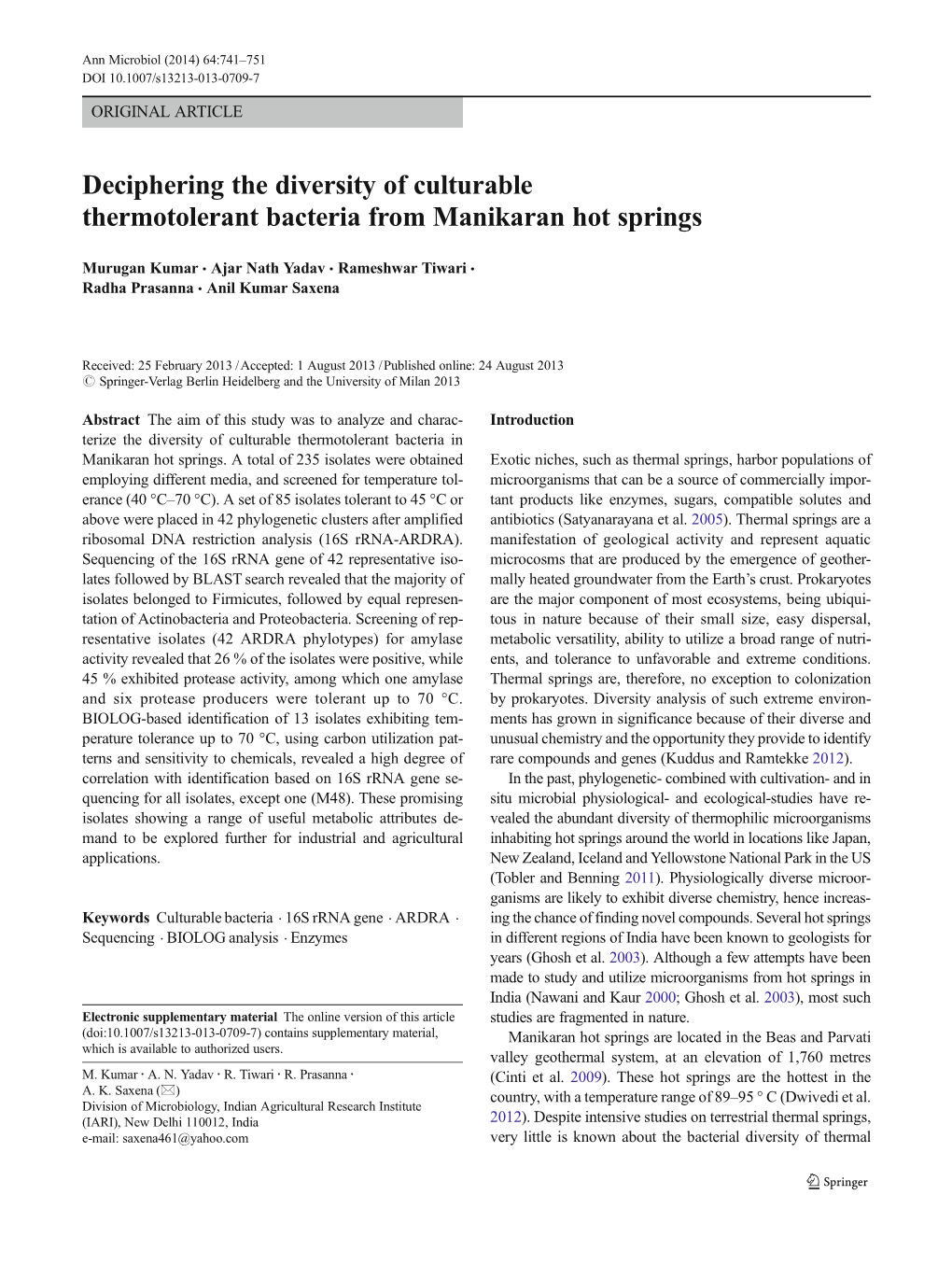 Deciphering the Diversity of Culturable Thermotolerant Bacteria from Manikaran Hot Springs