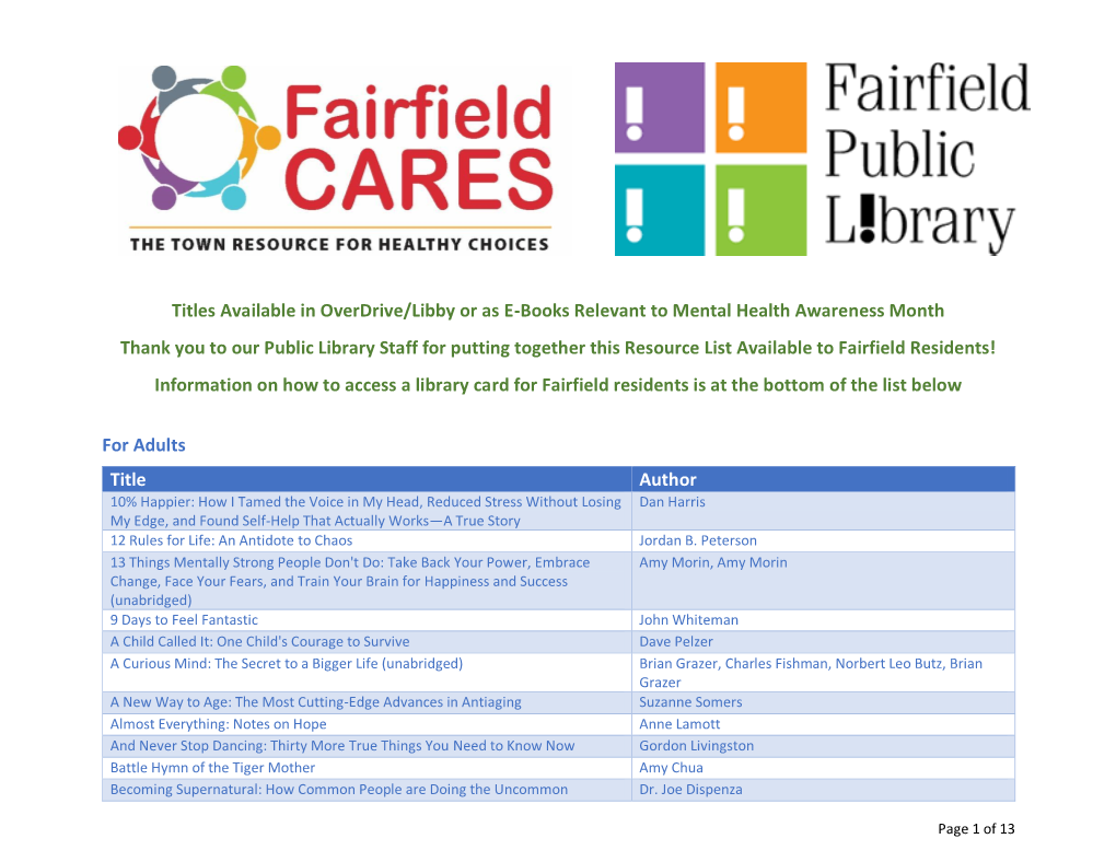 Fairfield CARES Public Library Mental Health Awareness Month Titles.Pdf