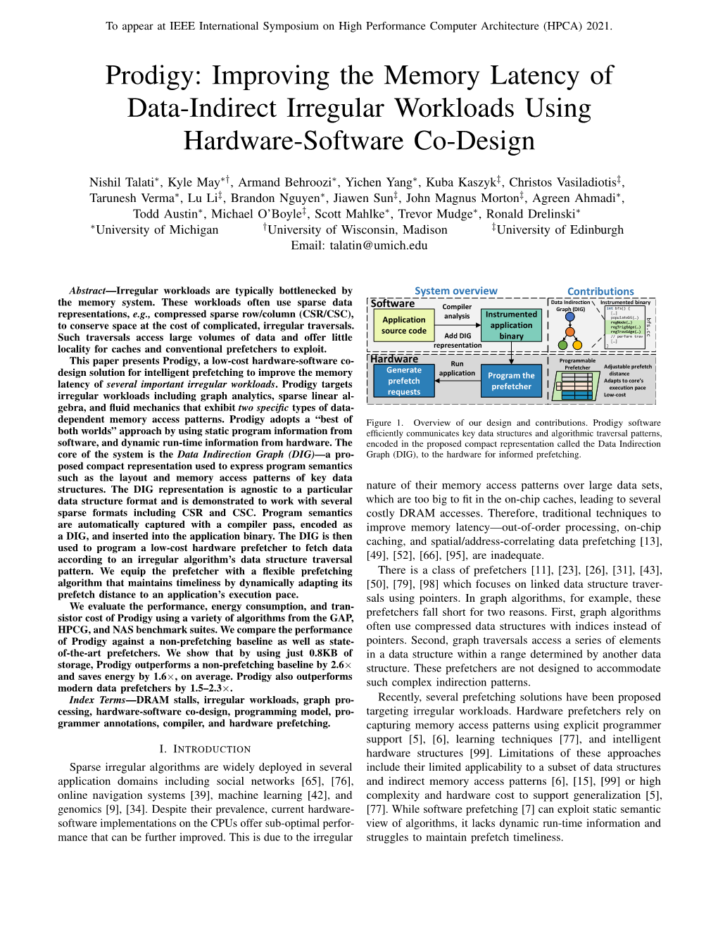 Prodigy: Improving the Memory Latency of Data-Indirect Irregular Workloads Using Hardware-Software Co-Design