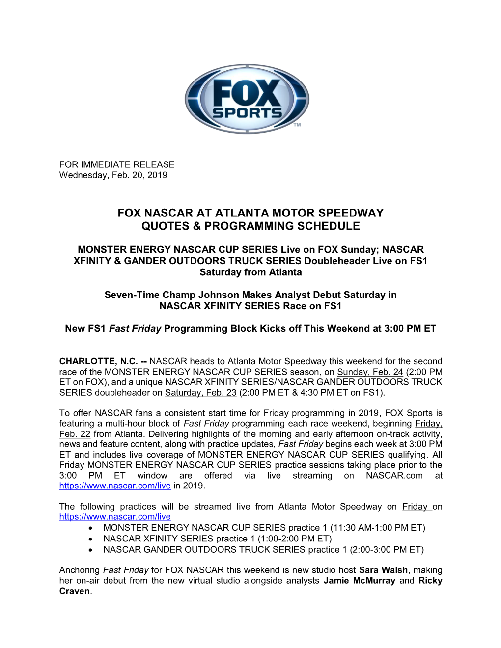 FOX NASCAR at Atlanta Motor Speedway Quotes & Programming Schedule